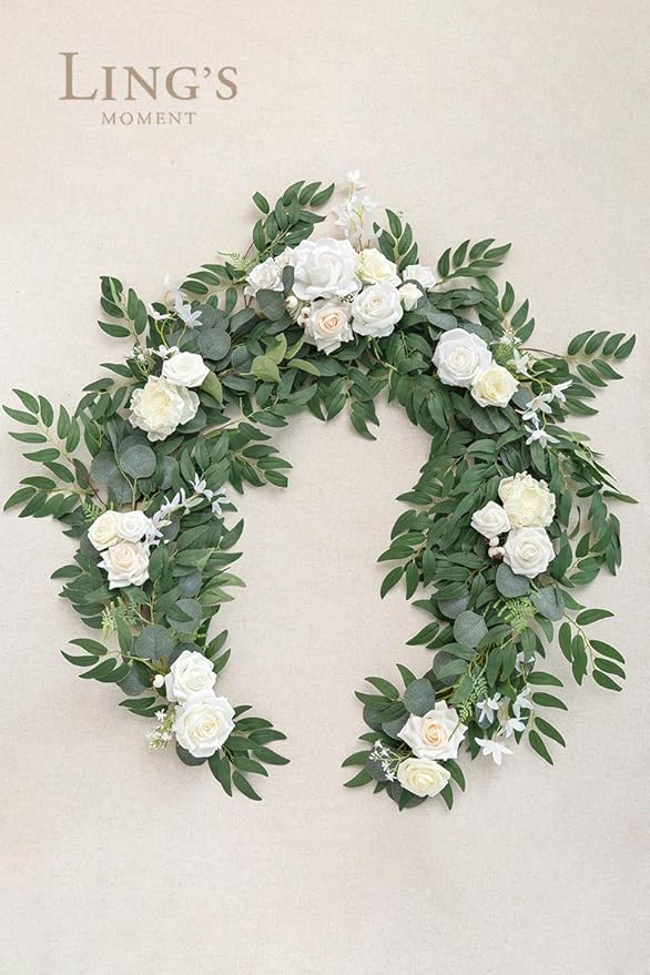 Artificial Flower Garland, 6 Ft Eucalyptus and Rose Ivory White Wedding Decor