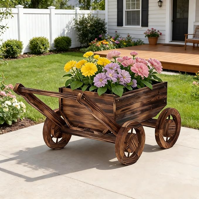Wooden Flower Cart with Wheels Wooden Wagon Planter Outdoor Garden Planter Decor Planter for Patio Balcony Trolley Decoration Succulent Flower Pot, Indoor Backyard Balcon Decor(Large)