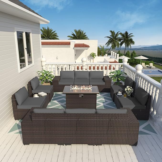 ALAULM 13 Pieces Outdoor Patio Furniture Set with Propane Fire Pit Table Outdoor Sectional Sofa Sets Patio Furniture 43" Gas Fire Pit Brown PE Rattan Patio Conversation Set w/10 Cushions (Grey)