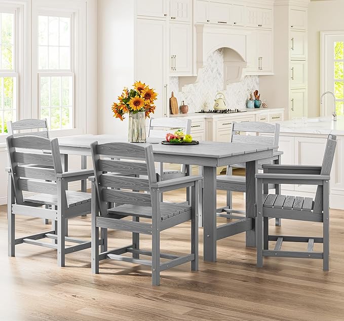 SERWALL Outdoor HDPE Dining Table Set, 7-Piece Outdoor Dining Table Sets with Umbrella Hole Cut-Out Table and 6 Chairs, Light Gray