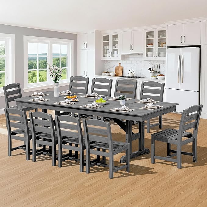 SERWALL 11 Piece Outdoor Dining Set, 84" HDPE Outdoor Table and Chairs for 10,All Weather Patio Furniture Set with Umbrella Hole for Backyard, Garden, Gray