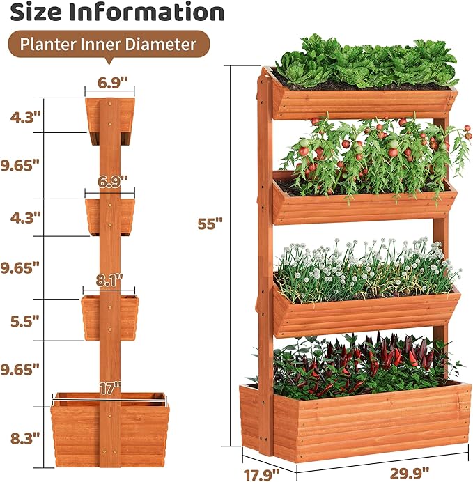FILWH Wooden Raised Garden Bed Vertical Planter Box, Freestanding Plant Stand for Indoor Outdoor Plants, Herbs, Flowers, Vegetables, Gardening (Reddish Brown, 4-Tier,29.9 x 17.9 x 55in)