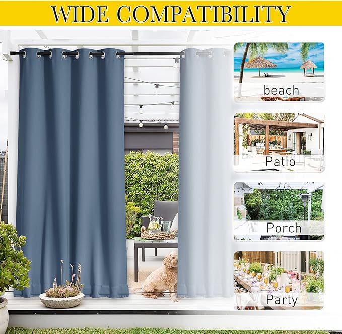 NICETOWN 2 Panels Waterproof Outdoor Curtains Fixed Grommet & Back Tab on Top & Bottom, Thermal Insulated Keep Rain & Sun Out Privacy Windproof Outdoor Draperies with Rope, W52 x L72, Stone Blue