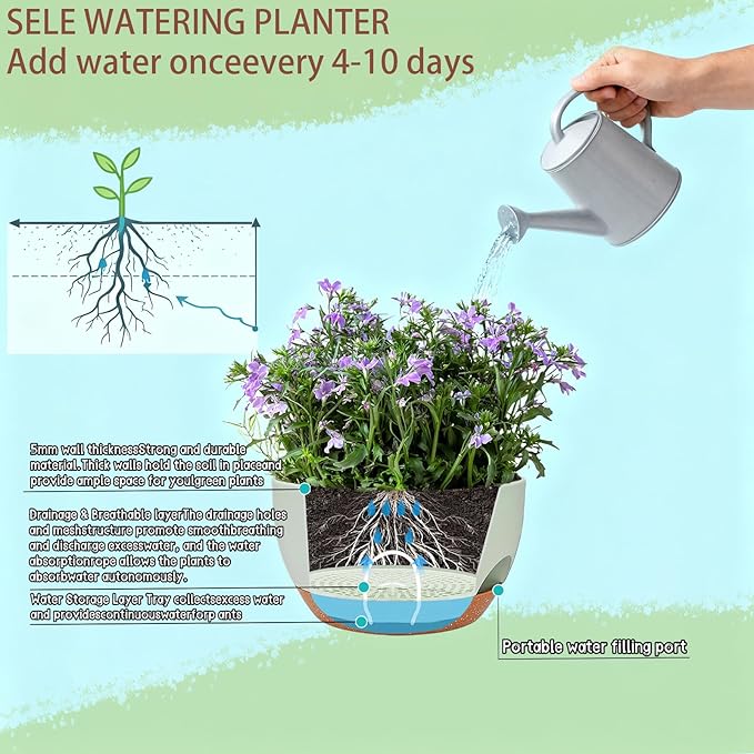 Set of 4-8 Inch Self Watering Hanging Planters for Indoor Outdoor,Hanging Plant Pots with Drainage & Removable Tray, Hanging Pots Holder for Ivy, Pothos, Ferns, Balcony & Patio, Green Brown