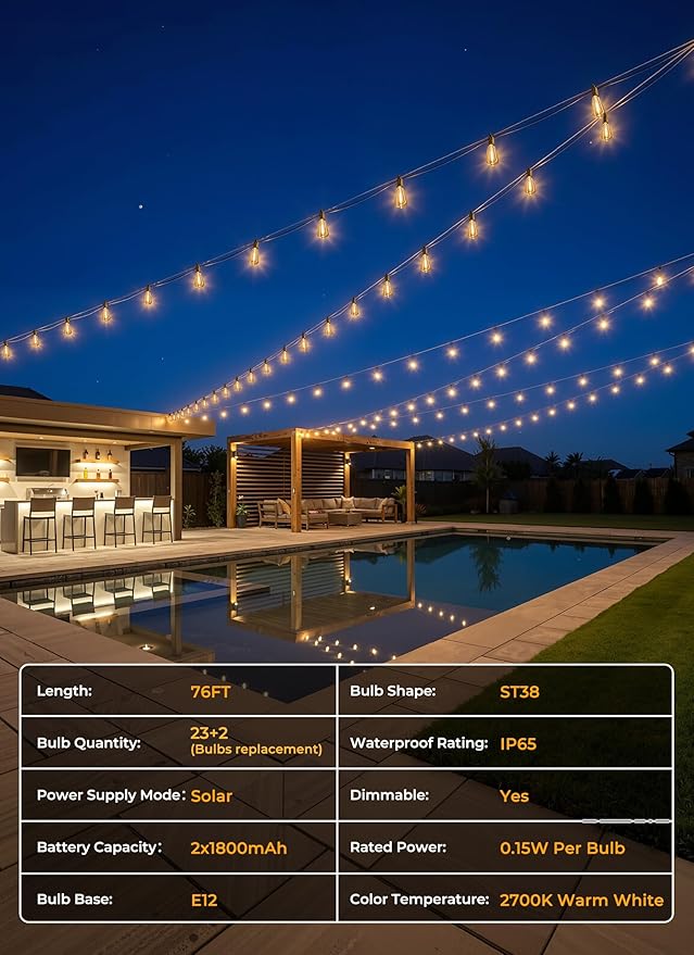 Brightown 76FT Solar String Lights Outdoor Waterproof, Patio Lights with Remote and 23+1 LED Shatterproof Bulbs, Dimmable & Timable, 3 Light Modes, Solar Lights Outdoor for Yard Camping Party Outside