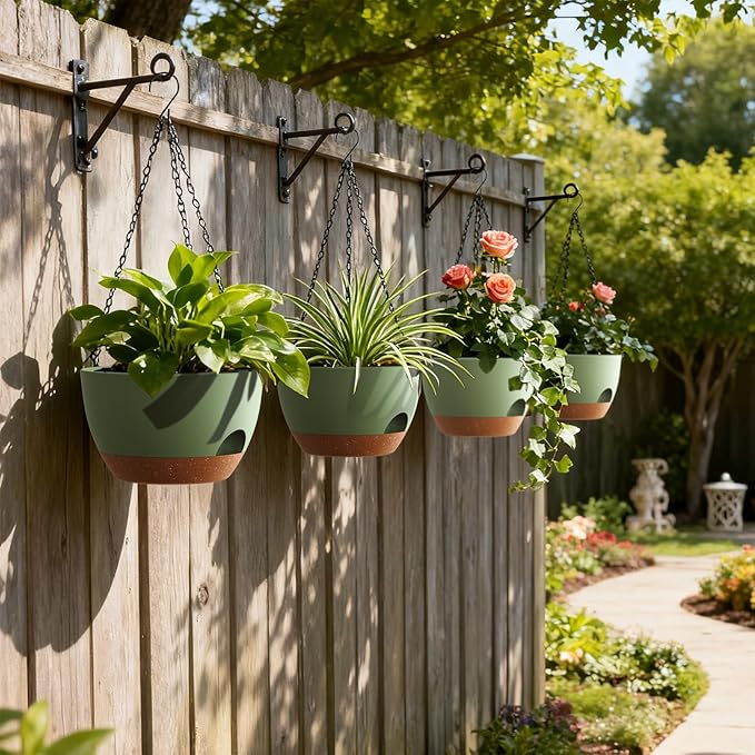 4 Pack 8 Inch Self Watering Hanging Planters for Indoor Outdoor Plants,Hanging Pots for Plants with Drainage Removable Tray, Hanging Baskets Flower Pots for Pothos Spider Garden Green with Brown