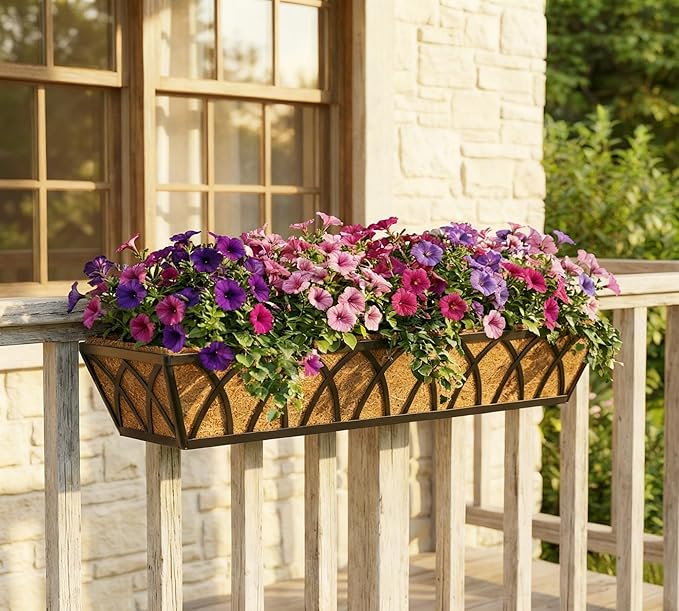 30 Inch Window Deck with Coco Liner, Fence Metal Hanging Flower Planter Window Basket Deck Railing Planter Boxes for Outdoor Garden Lawn,30" Window Boxes Horse Trough with Coconut Coir Liner, 2pcs
