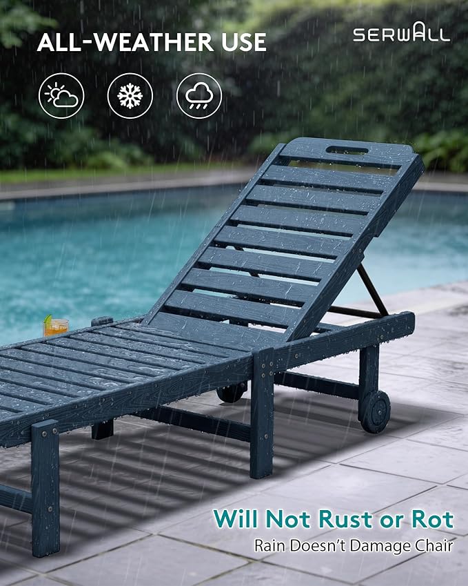 SERWALL Outdoor Chaise Lounge, Patio Chaise Lounge Chair with 5 Positions Adjustable Backrest, HDPE Lounger with Rolling Wheels & Cup Holder for Pool, Navy