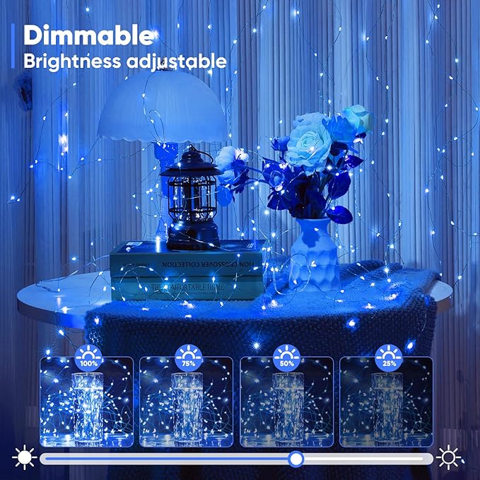 Indoor String Lights, Blue LED Battery Operated with Remote, 65.6 Ft