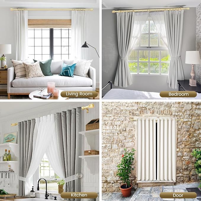 1” Diameter Gold Curtain Rod Itself is 30-60 inch 2 Pack, Fit 30 to 56 Windows with Heavy Duty Adjustable Telescopic Rod,Splicing Metal Extra Long Curtain Rod for Windows Sliding Glass Door