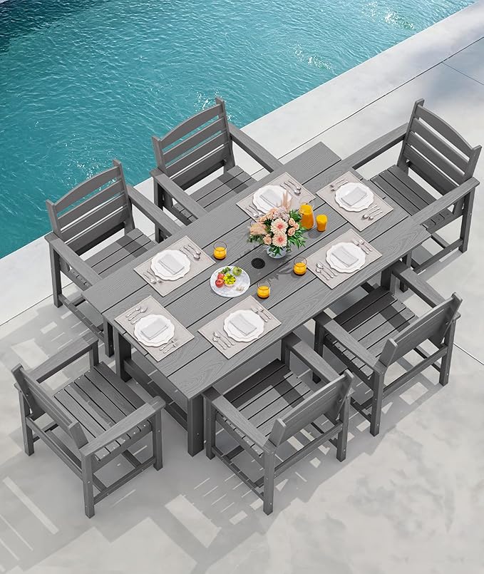 SERWALL 67" Outdoor Dining Table - HDPE All-Weather Rectangular Patio Table with Umbrella Hole, Gray