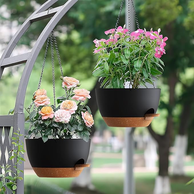 Set of 3-10 Inch Self Watering Hanging Planters for Indoor Outdoor,Hanging Plant Pots with Drainage & Removable Tray, Hanging Pots Holder for Ivy, Pothos, Ferns, Balcony & Patio, Black with Brown