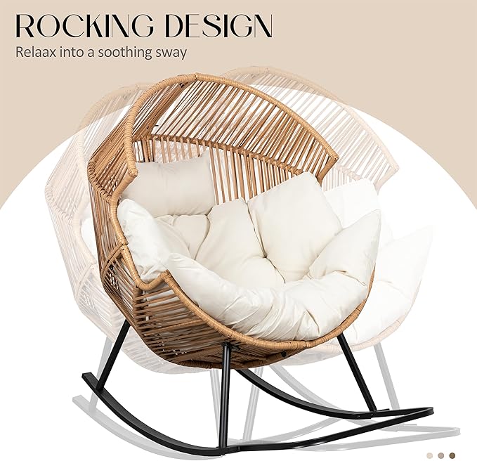 JAMFLY Egg Chair Rocking Chairs, Wicker Patio Chair Oversized Lounger Chair with Cushion for Indoor Living Room Bedroom Outdoor Patio Backyard Balcony Garden, Beige
