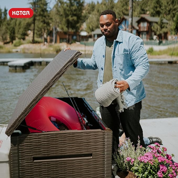 Keter Java XXL 230 Gallon Resin Rattan Look Large Outdoor Storage Deck Box for Patio Furniture Cushions, Pool Toys, and Garden Tools, Dark Grey