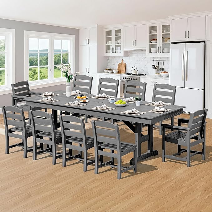 SERWALL 11 Piece Outdoor Dining Set, 84" HDPE Outdoor Table and Chairs for 10,All Weather Patio Furniture Set with Umbrella Hole for Backyard, Garden, Gray