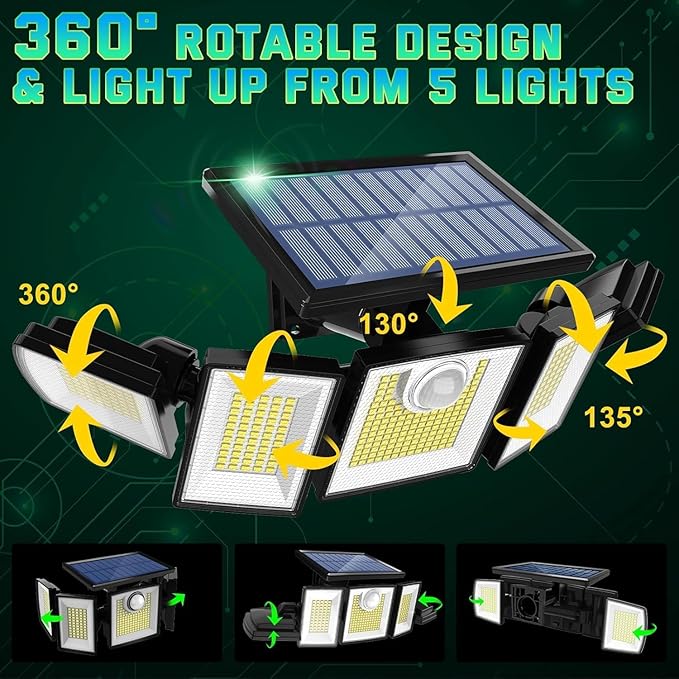 Solar Lights Outdoor Waterproof Motion Sensor - 416 LEDs 3000 Lumens Super Bright 3 Brightness 3 Modes 2400mAh 360° Illumination 32ft Solar Flood Security Light for Outside (With Remote Control, 4)