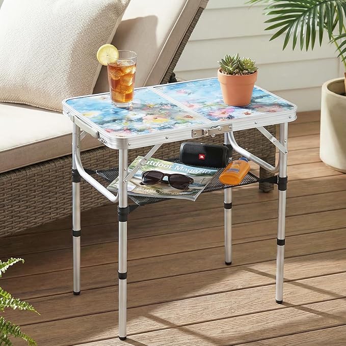 Outdoor Side Table, Portable 3 Adjustable Height Small Outdoor Folding Table, Aluminum Foldable Patio Side Tables for Outside Indoor, Plant Stand Coffee End Table for Garden, Balcony(Provence Dreams)