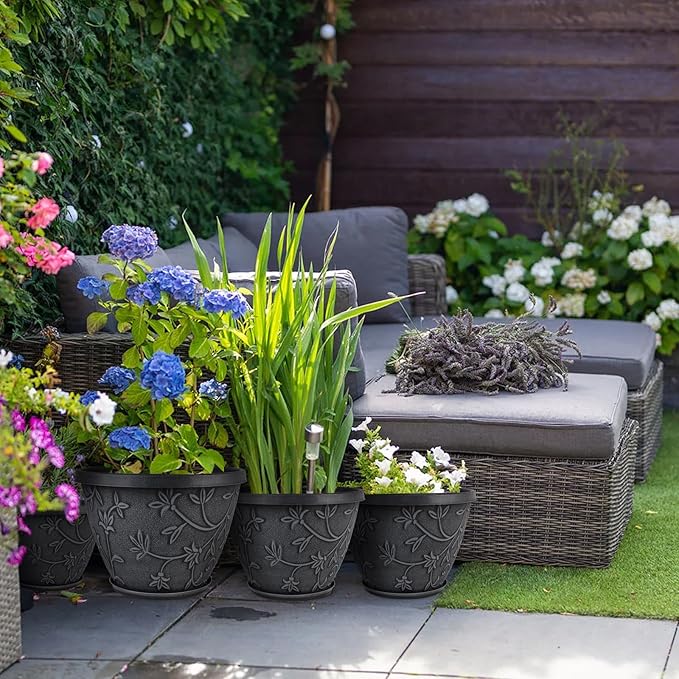 4 Pack 16 Inch Large Plant Pot for Outdoor, Plastic Flower Pot Indoor with Drainage Hole & Saucer, Modern Decorative Garden Pot, Imitation Magnolia Garden Pots for House Planters(Gray)