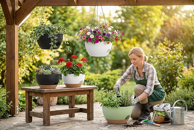 Hanging Planters 3-Pack, 8 Inch Self-Watering Hanging Pots with Drainage Hole and Chains, Plastic Planters for Indoor Outdoor(White)