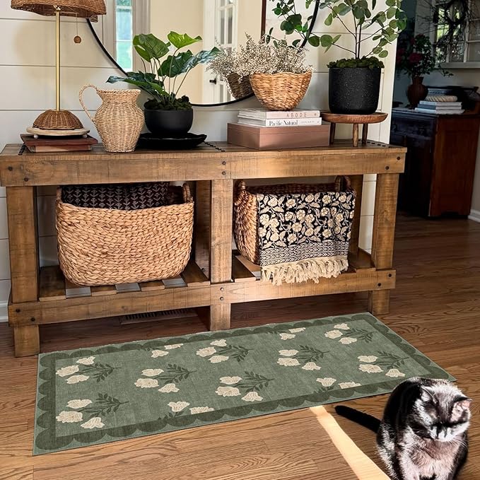Outdoor Rug Door Mat with Floral Design, Sage Green, 2 x 4.25 ft