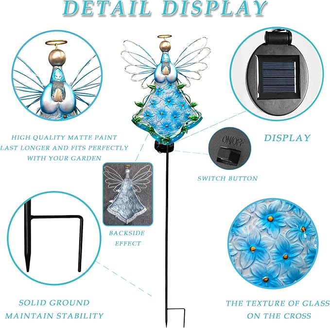 38Inch Angel Solar Lights Outdoor Decorative-Metal&Glass Angel Blue Hydrangea Flower Garden Stake- Waterproof 30 Warm White LED for Remembrance & Sympathy Gifts(Blue)