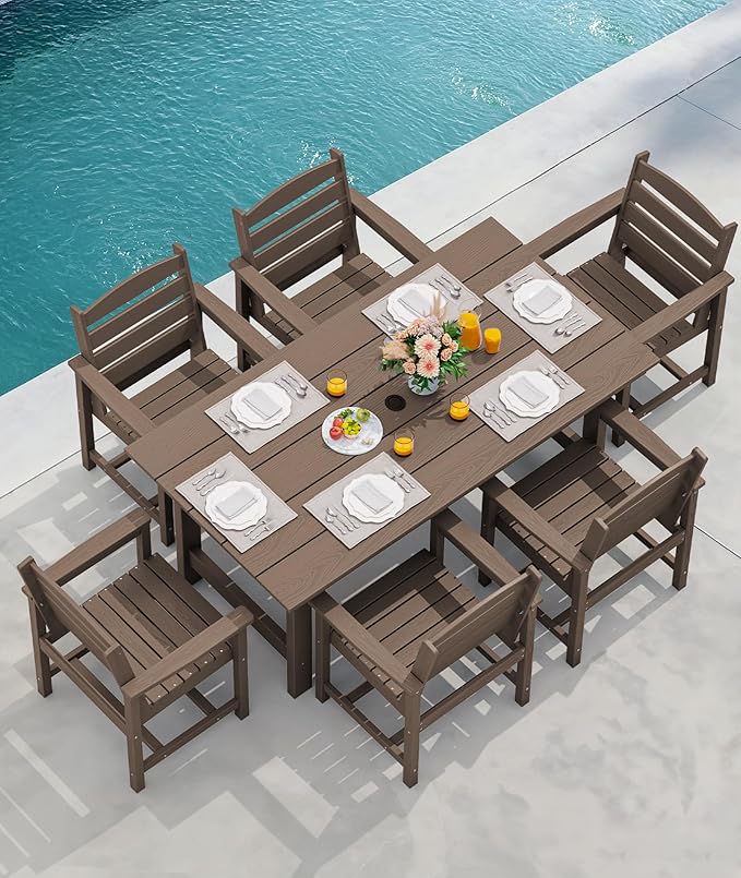 SERWALL 8-Piece Patio Dining Sets with 15FT Double Side Patio Umbrella, Outdoor HDPE Dining Furniture Set with Umbrella Hole Cut-Out Table and 6 Chairs, Coffee(Umbreall Base not Included)