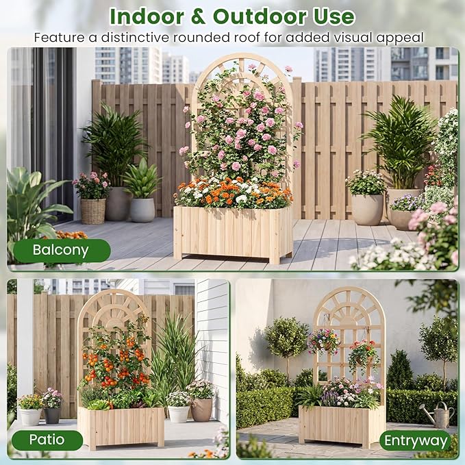 Giantex Wooden Raised Garden Bed with Arched Trellis, 48” Fir Wood Outdoor Elevated Planter Box Privacy Screen with Drainage Holes, Vertical Garden Bed for Climbing Plants, Patio Balcony Backyard