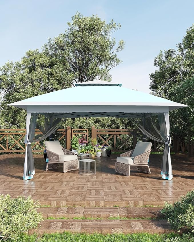Canopy Tent 12x12 ft, Pop Up Gazebo One-Push Setup with 4 SandBags for Backyard Parties and BBQs, Mosquito Netting & Height Adjustable - Lake Blue