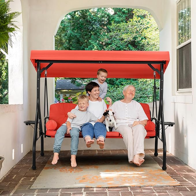 HOMREST 3 Seat Outdoor Porch Swing with Adjustable Canopy, Convertible Patio Swing Bed with Stand, Patio Glider Swing with Upgraded Cup Holder, Thicken Cushions & Pillow for Backyard(Orange)