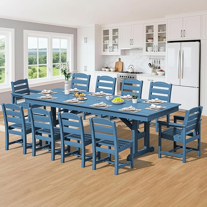SERWALL 11 Piece Outdoor Dining Set, 84" HDPE Outdoor Table and Chairs for 10,All Weather Patio Furniture Set with Umbrella Hole for Backyard, Garden, Blue