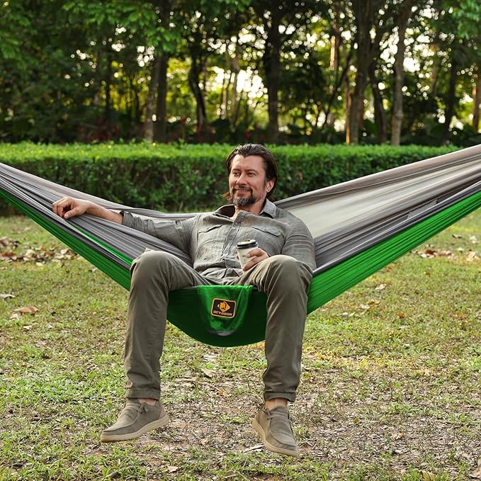 Camping Hammock, Portable Hammocks with Mosquito Net,Lightweight Nylon Parachute Hammock with 10ft Tree Straps,Camping Gear Must Haves for Travel Hiking Backpacking Beach Patio
