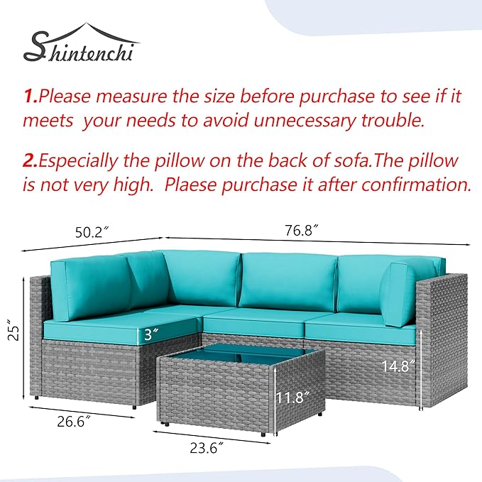 Shintenchi 5 Pieces Outdoor Patio Furniture Sets, Patio Sectional Sofa Couch, Gray PE Wicker Furniture Modular Patio Conversation Sets Patio Sofa with Washable Cushions & Table(Blue)