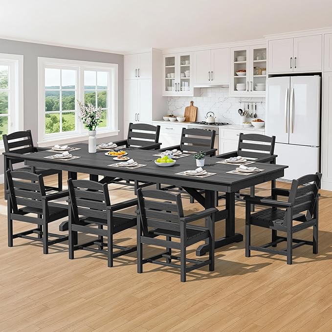 SERWALL 9 Piece Outdoor Dining Set, 84" HDPE Outdoor Table and Chairs for 8,All Weather Patio Furniture Set with Umbrella Hole for Backyard, Garden, Black