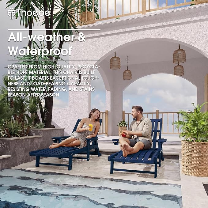 Patio Chaise Lounge Chair Set of 4, Oversized Lounge Chair Outdoor with 5 Positions, HDPE, Patio Lounge Chair with Wheels & Cup Holder for Pool, Deck, Poolside,Navy Blue