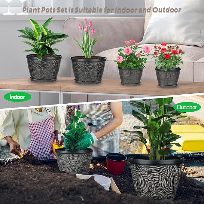 Quarut 4 Pack 8 Inch Flower Pots for Outdoor Indoor, Plastic Plant Pots with Drainage Hole & Saucer, Lightweight Small Flower Pot, Circle Pattern Planters for Garden House planters(Brown)
