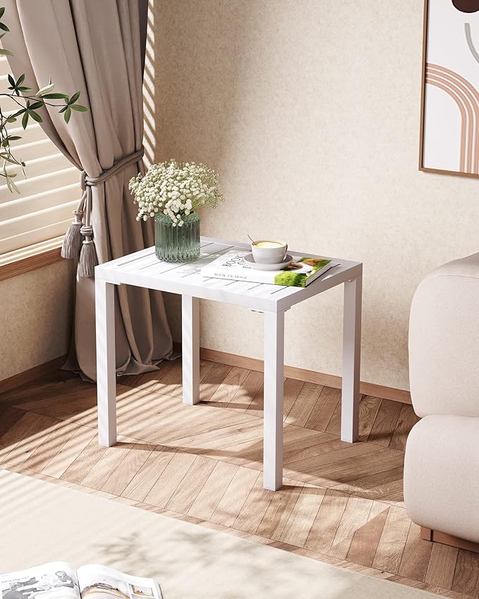 Crestlive Products Outdoor Side Table Set of 2, Aluminum Rectangular Side/End Table, Small Patio Coffee Bistro Table for Outdoor Indoor (White)