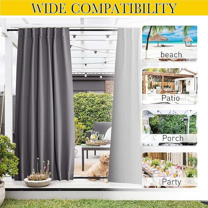 NICETOWN 2 Panels Outdoor Curtains Waterproof Pocket & Back Tab on Top & Bottom, Thermal Insulated Fixed Windproof Blackout Outdoor Drapes Privacy for Patio with Rope for Fixed, W52 x L95, Grey