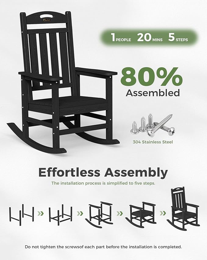 Rocking Chair, Outdoor HDPE Rocker in Black with 30-Inch High Back