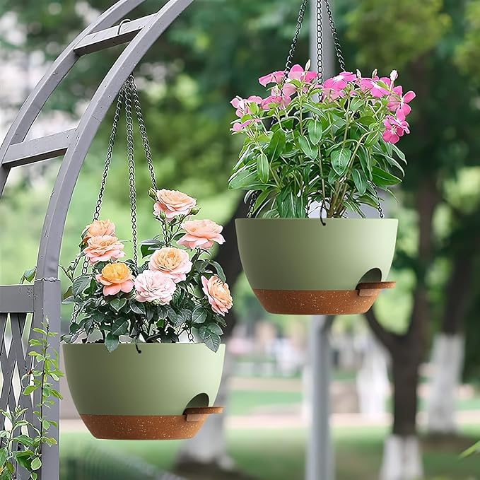Set of 3-10 Inch Self Watering Hanging Planters for Indoor & Outdoor,Hanging Plant Pots with Drainage & Removable Tray, Hanging Pots Holder for Ivy, Ferns, Balcony & Patio, Green and Brown