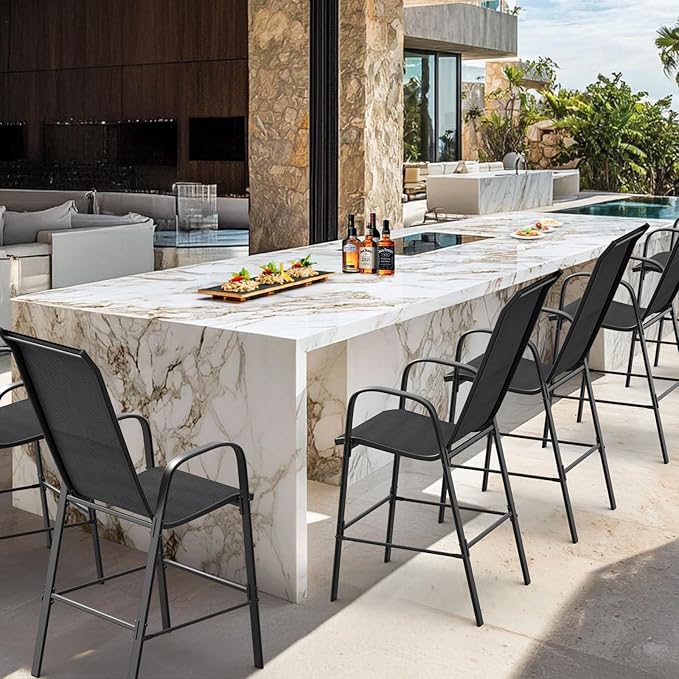 VINGLI Outdoor Bar Chairs Set of 8 – Stackable Outdoor Bar Stools with Sturdy Sling High Back and Armrests for Lawn, Courtyard, Garden, Bar, Black