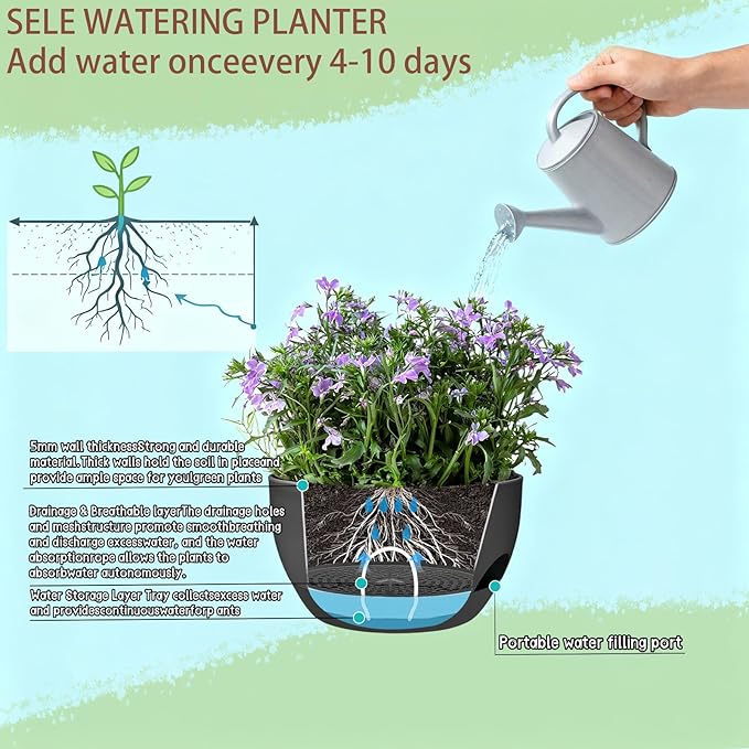 Set of 2-8 Inch Self Watering Hanging Planters for Indoor Outdoor,Hanging Plant Pots with Drainage & Removable Tray, Hanging Pots Holder for Ivy, Pothos, Ferns, Balcony & Patio, Black
