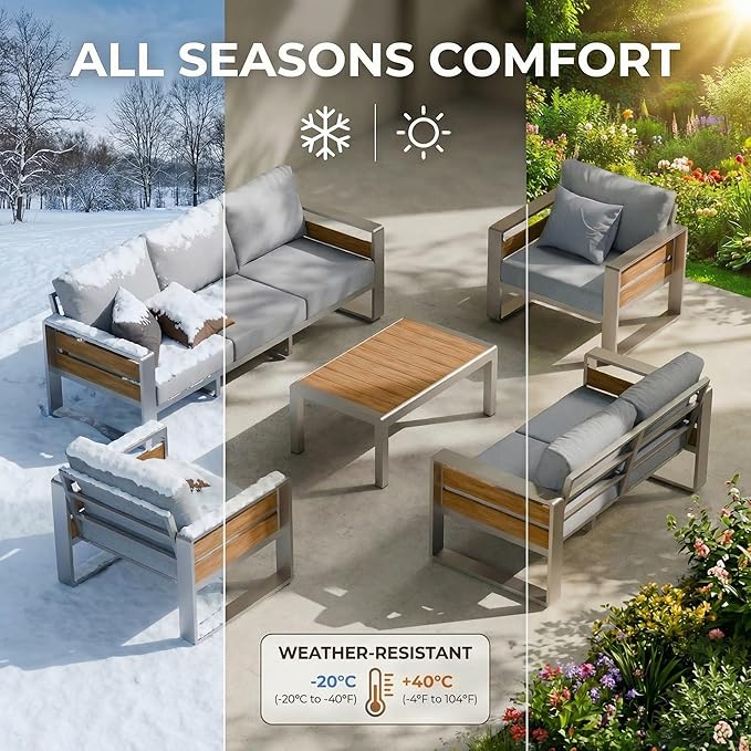 ZANDOR Aluminum Outdoor Patio Furniture - 1 Pcs Loveseat and Coffee Table, All-Weather Metal Modern Outside Furniture with Washable Thick Cushion for Garden/Backyard/Porch, Silver