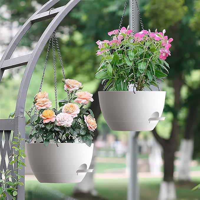 Set of 3-10 Inch Self Watering Hanging Planters for Indoor Outdoor,Hanging Plant Pots with Drainage & Removable Tray, Hanging Pots for Pothos Plant, Spider Plants, Ferns, Balcony & Patio, White