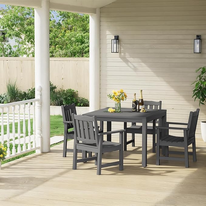 Stoog All-Weather Patio Dining Sets, 5 Pieces Outdoor HIPS Dining Table with Aluminum Frame, Patio Dining Table and 4 Chairs, Low Maintenance, Grey