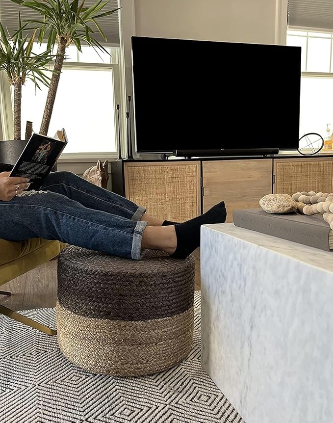 S & L Homes Pouf Ottoman - 100% Jute Braided Footrest Pouf Hand Knitted Traditional Cord Boho Pouffe for Living Room, Bedroom, Nursery, Patio, Lounge Colorblock - Natural Brown (20”x20”x10”)