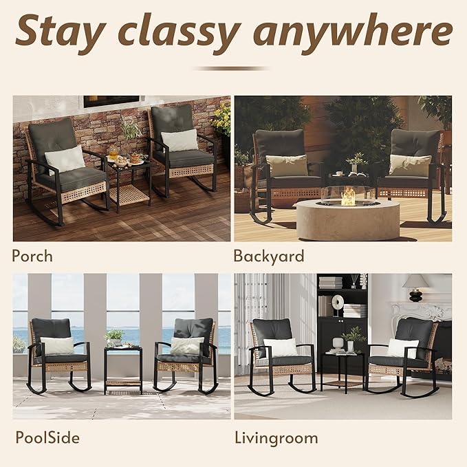 Bistro Set, 3-Piece Patio Rocker Set with Gray Cushions and Glass Table Top