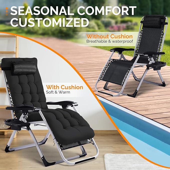 VINGLI Padded Zero Gravity Chair, Lounge Chair with Removable Cushion & Tray, Folding Reclining Patio Chairs, Recliner Chair for Lawn,Indoor Outdoor-Black