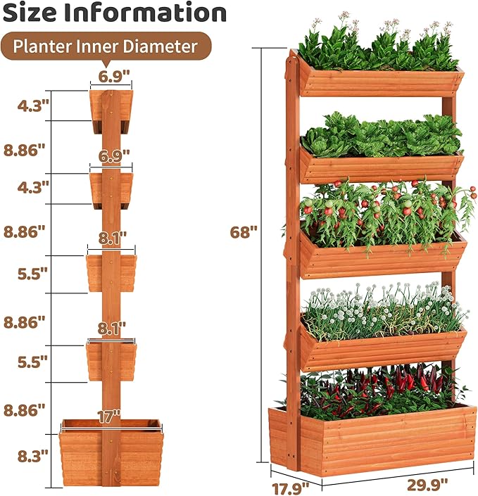 FILWH Wooden Raised Garden Bed Vertical Planter Box, Freestanding Plant Stand for Indoor Outdoor Plants, Herbs, Flowers, Vegetables, Gardening (Reddish Brown, 5-Tier,29.9 x 17.9 x 68in)
