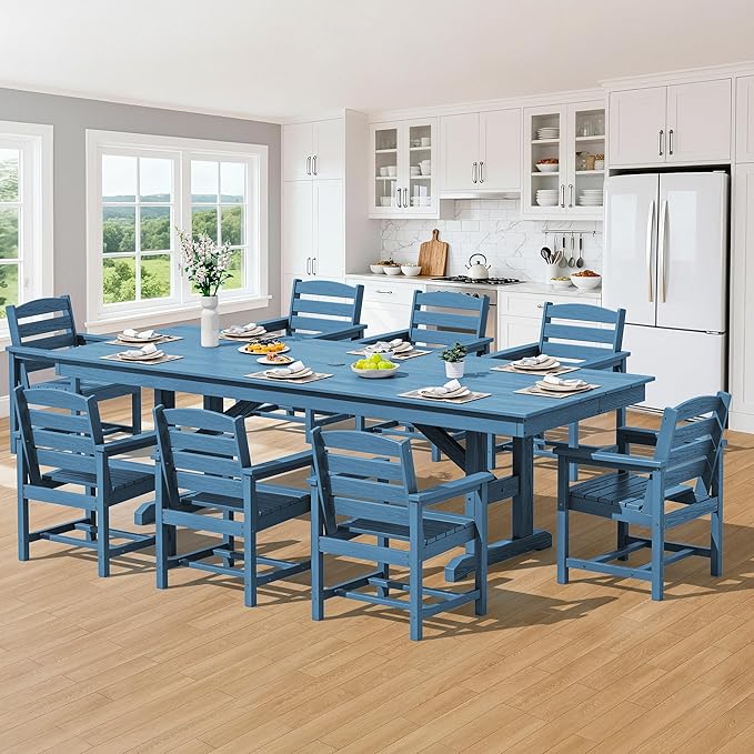 SERWALL 9 Piece Outdoor Dining Set, 84" HDPE Outdoor Table and Chairs for 8,All Weather Patio Furniture Set with Umbrella Hole for Backyard, Garden, Blue