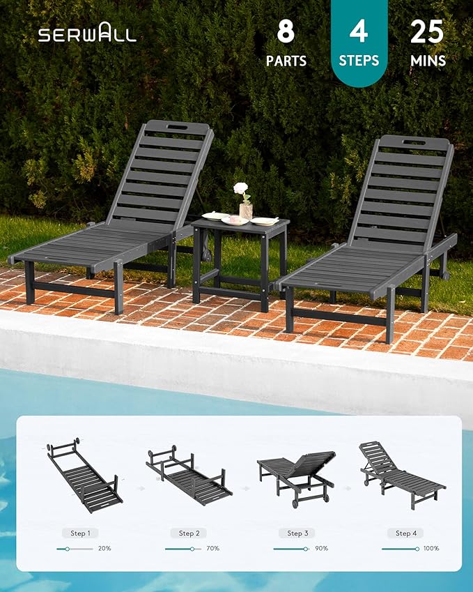 SERWALL Outdoor Chaise Lounge Set of 6, HDPE Pool Lounge Chair with 5-Position Adjustable Backrest, Patio Lounger with Rolling Wheels & Cup Holder for Pool, Grey